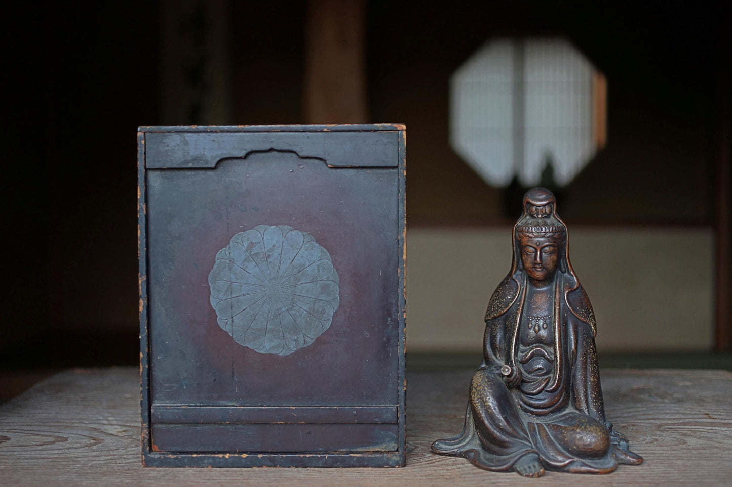 Antique Bizen Kannon Statue – 1800s Japanese Ceramic Figurine With Wooden Box Gift