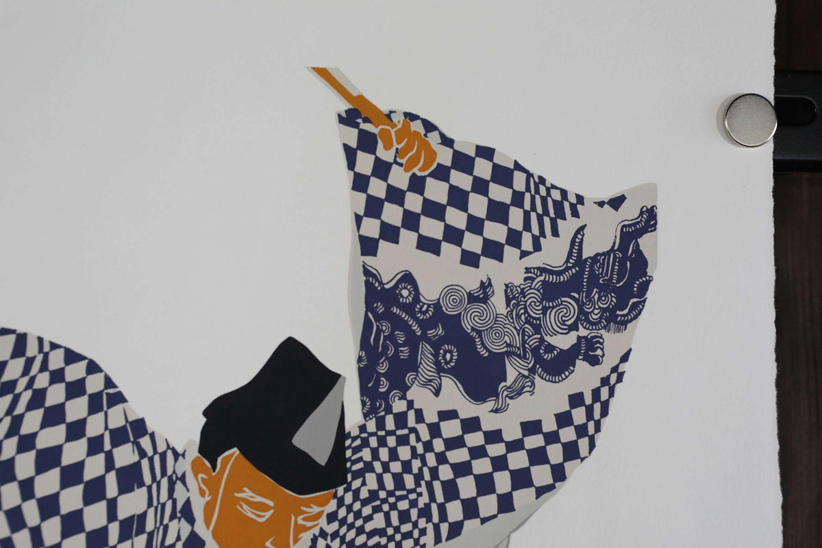 The image is a close-up of a person wearing a hat and holding a flag with a checkered pattern.