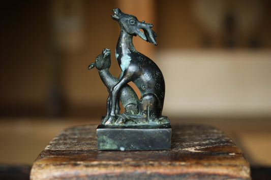 Bronze Antique Seal - Asian Nested Deer Family Stamp | 1800s Vintage Bronze Art