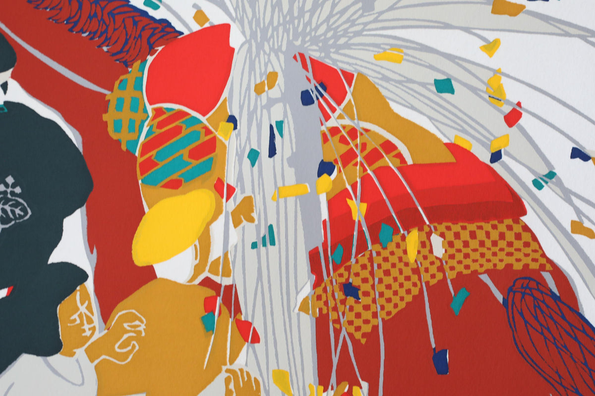 The image is a vibrant and abstract collage featuring a variety of colorful shapes, patterns, and textures.