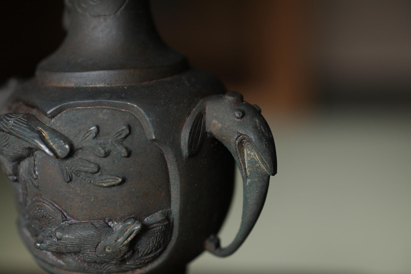 Antique Brass Candlestick Japanese Animal Motif Cast Metal Pillar Candle Holder