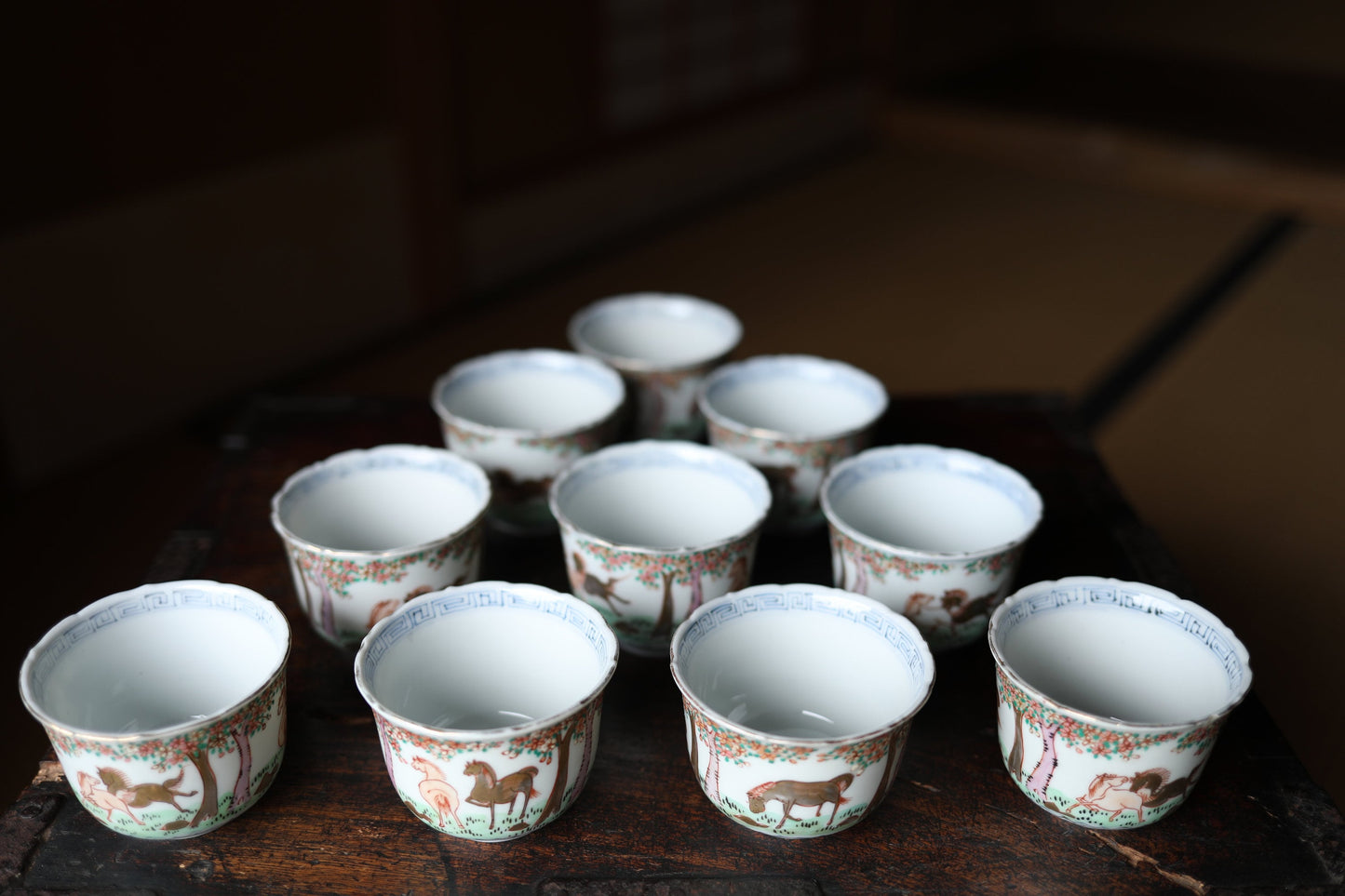 Kutani Sobachoko Cups - Antique Porcelain Tea & Sake Set with Hand-Painted Horses, Floral Rim Design