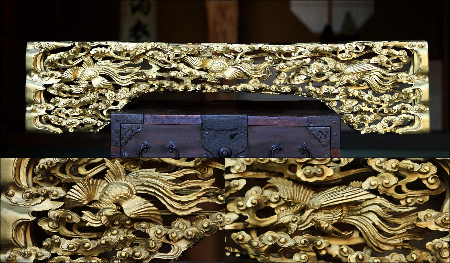 Japanese Gold Phoenix Carving – Hand Carved Wood Panel With Celestial Clouds