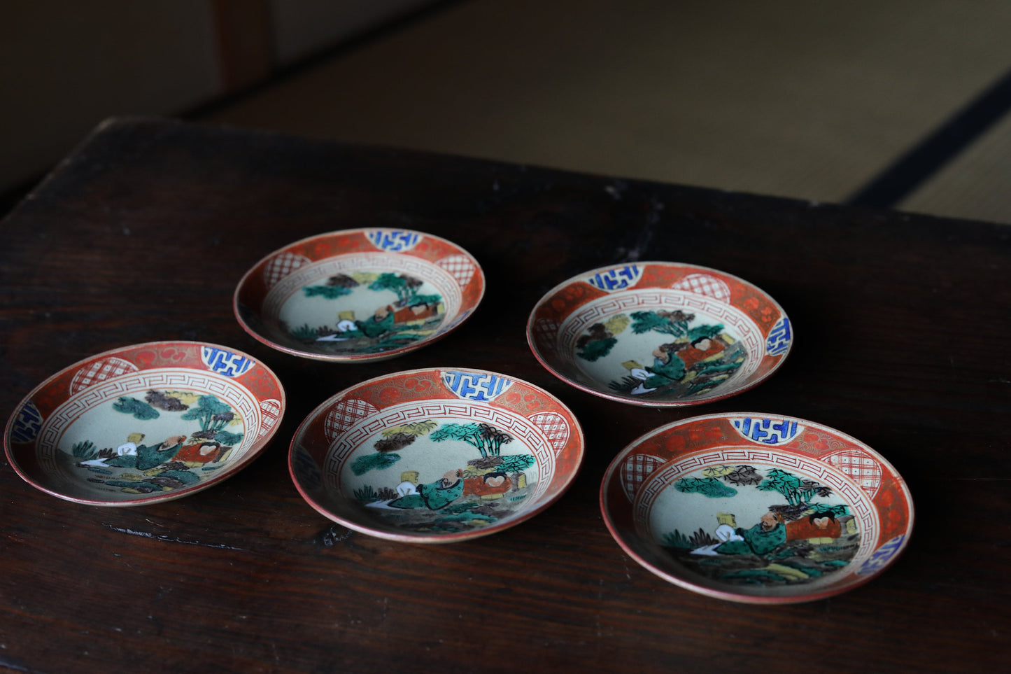 Kutani Antique Plate Set – Five Piece Red Gold Porcelain Dishes With Hermit Figure Design