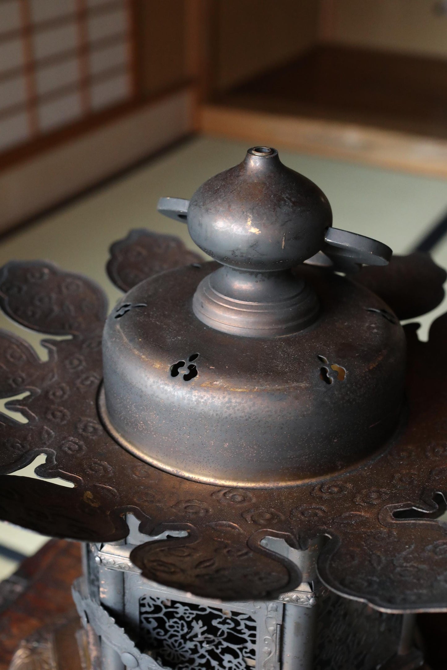 Japanese Antique Lantern - Bronze Hanging Hexagonal Temple Lantern with Lotus Fretwork Design
