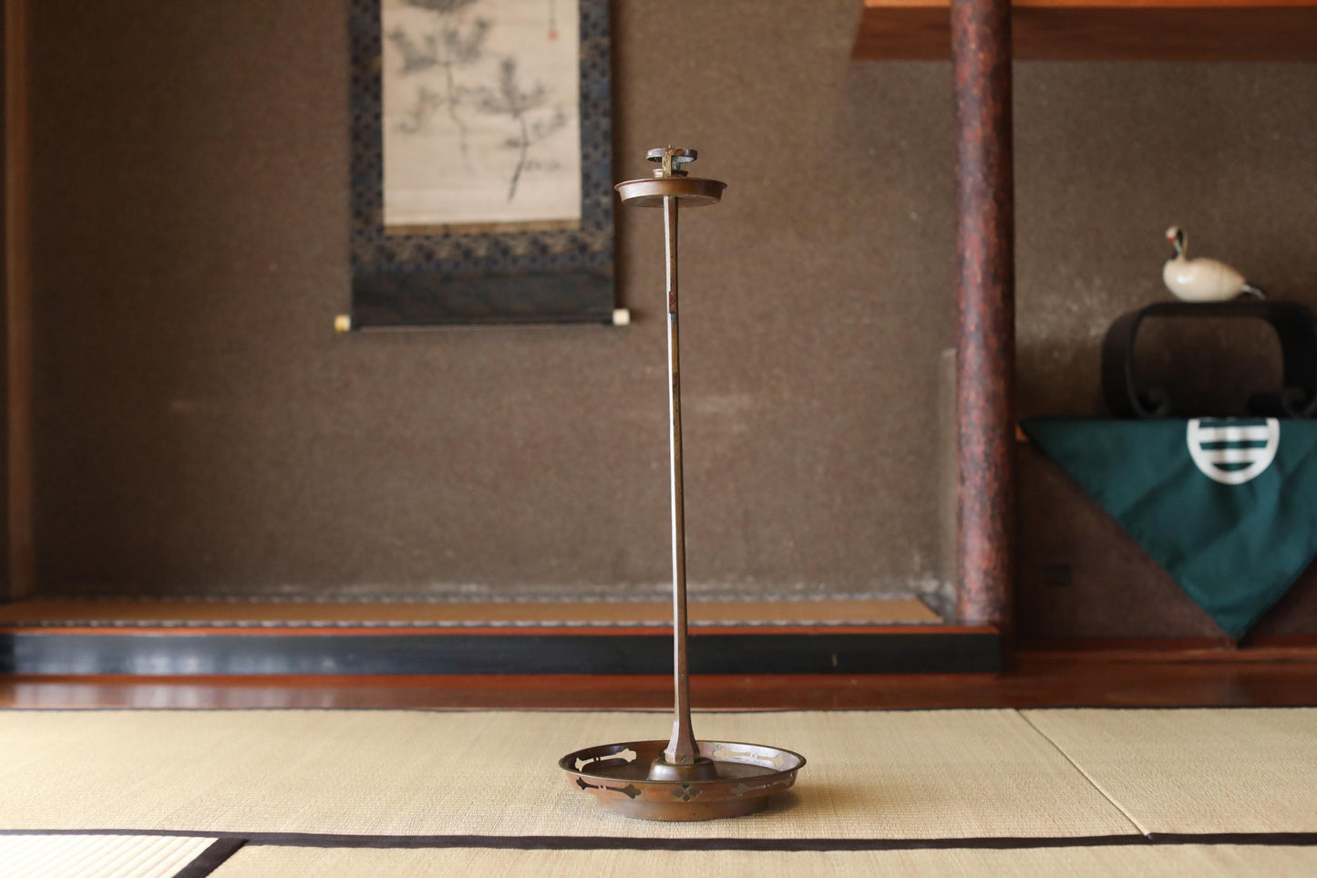 Japanese Antique Lantern - Bronze Candle Stand With Samurai Temple Design, 27.6in