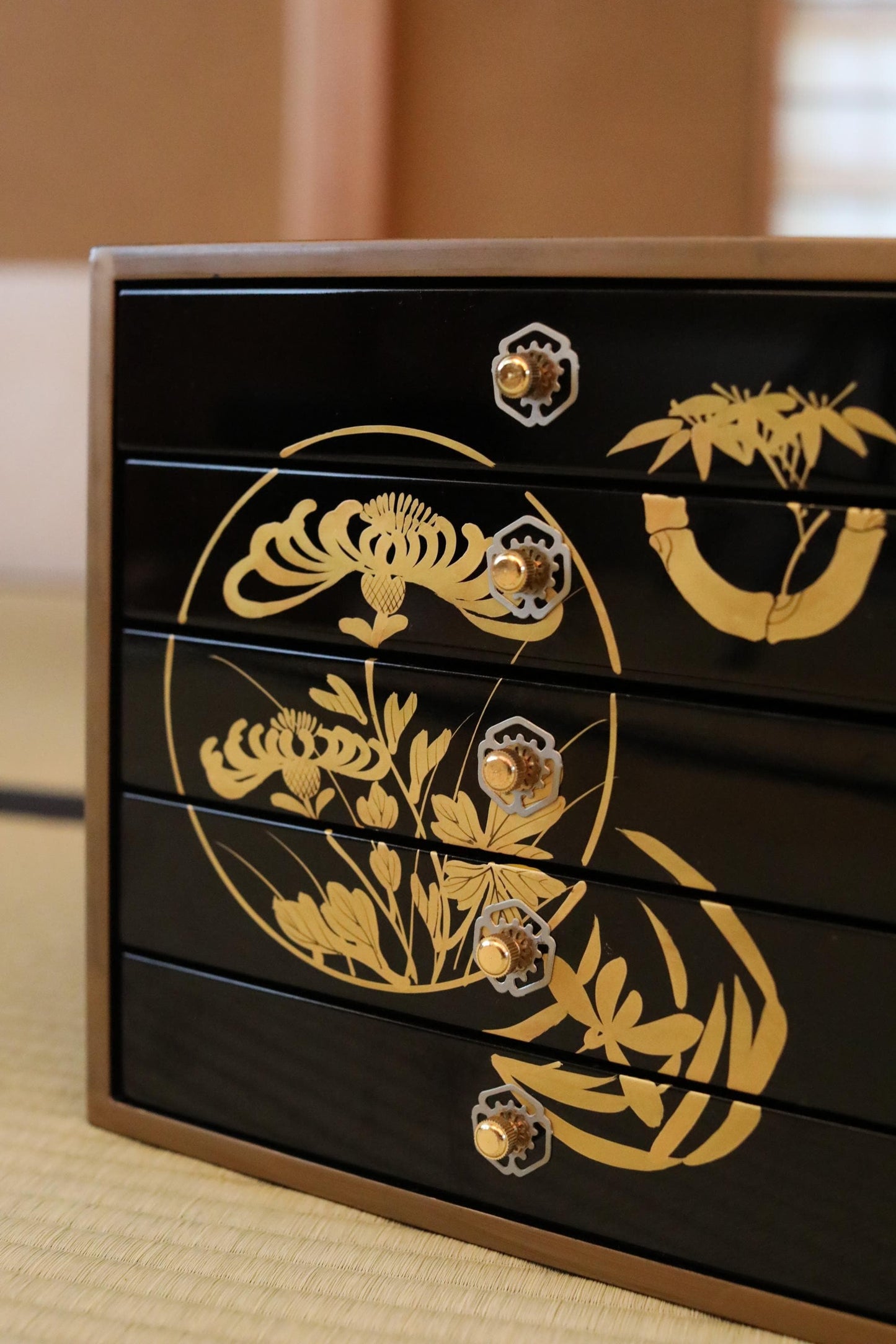 Vintage Tansu Chest - Black Lacquer Chest With Gold Makie Design | Five Drawer Japanese Antique Furniture