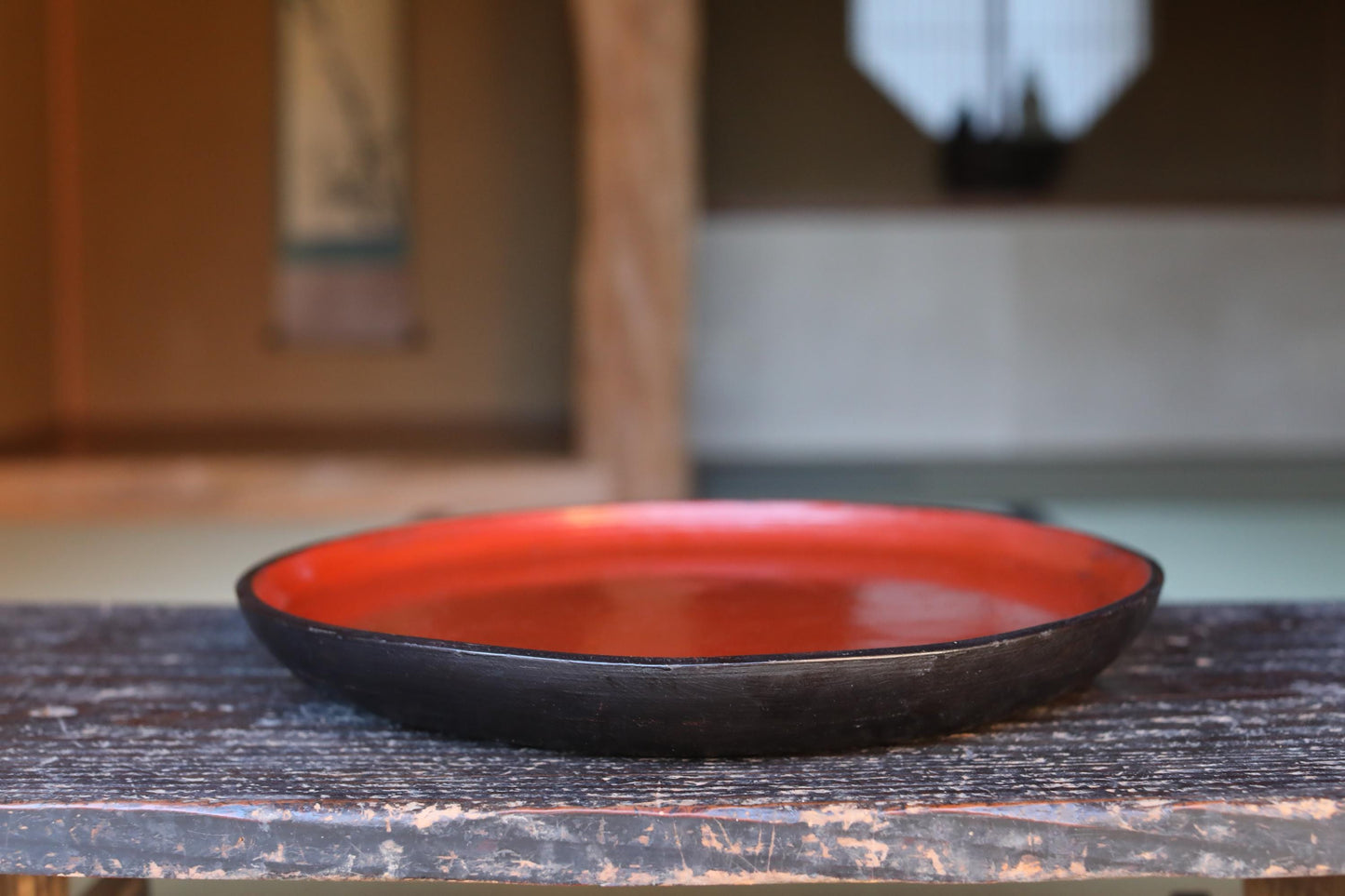 Japanese Lacquer Tray - Antique Negoro Style Obon Round Tea Tray with Vermilion Patina