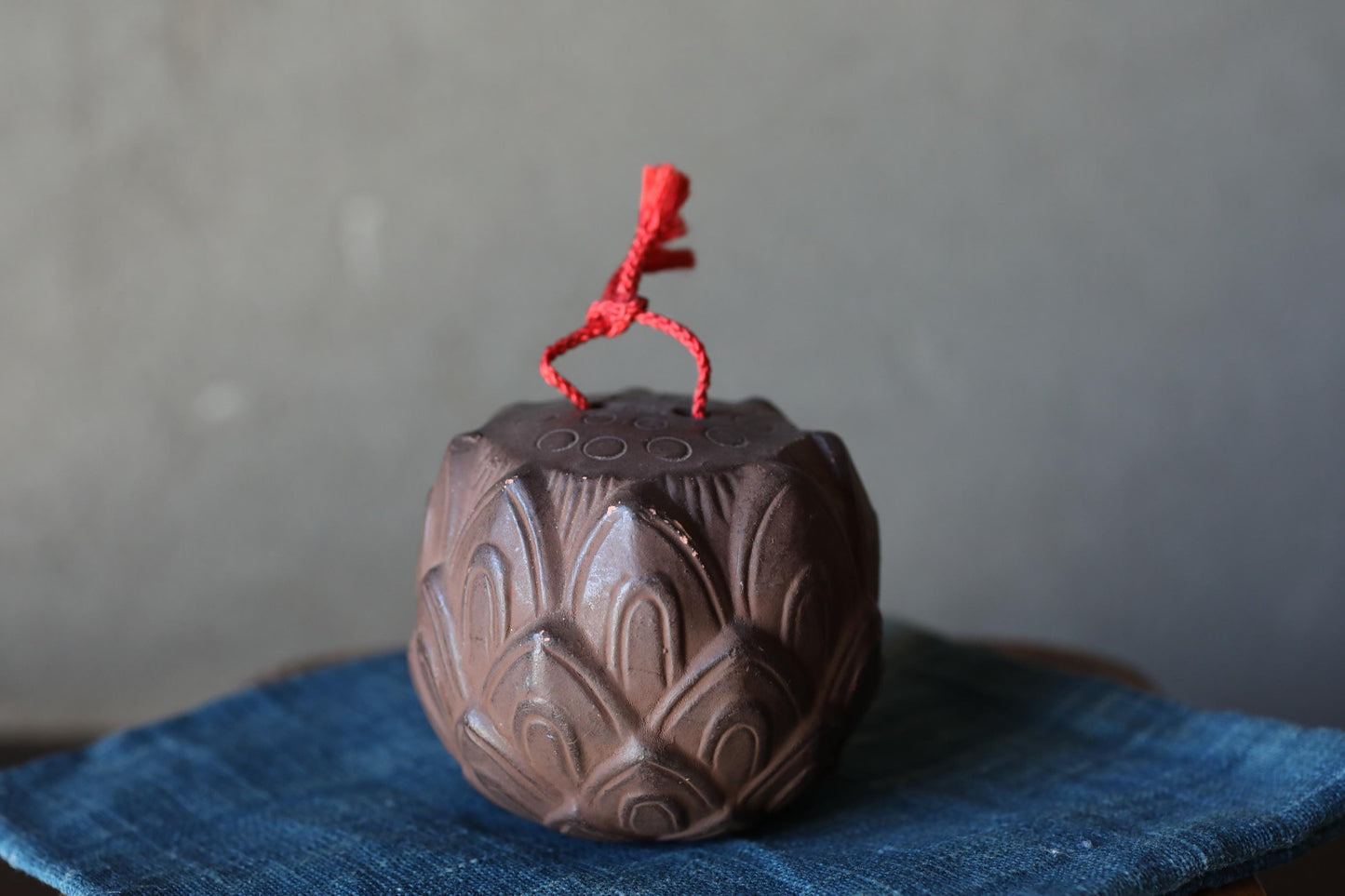 Japanese Pottery Bell - Vintage Clay Bell Lotus Flower Amulet | Taimadera Temple Souvenir