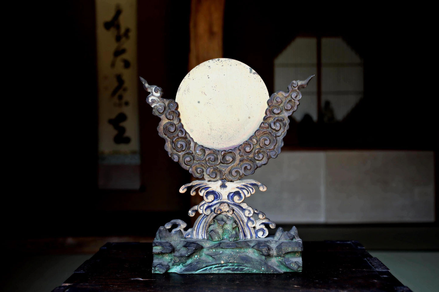 Japanese Antique Bronze Mirror – Shinto Shrine Mirror with Hand-Carved Cloud Base