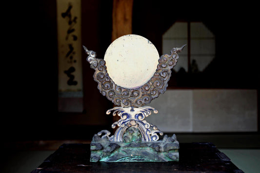 Japanese Antique Bronze Mirror – Shinto Shrine Mirror with Hand-Carved Cloud Base