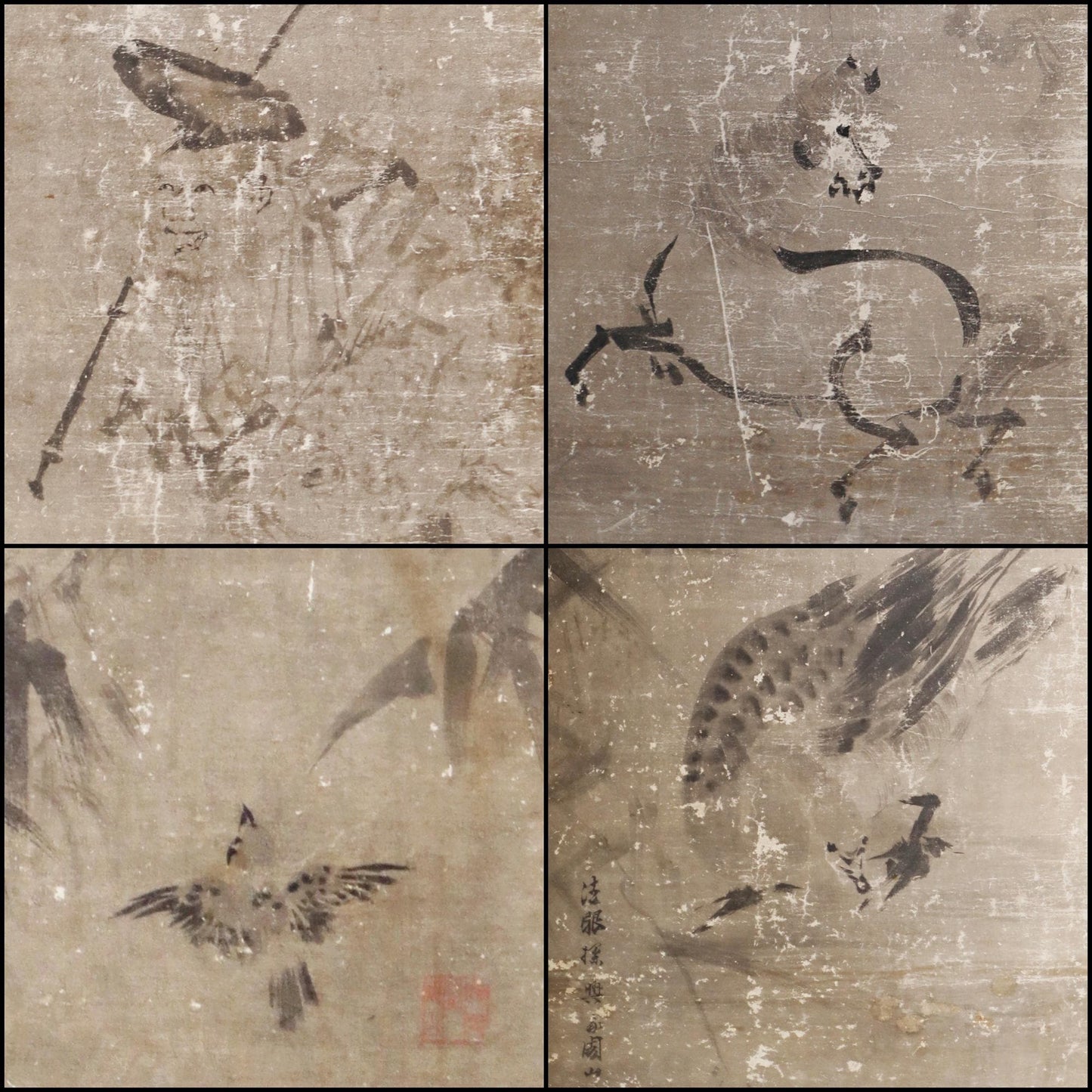 Japanese Antique Byobu Folding Room Divider - Edo Period Screen with Gold Ink Painting