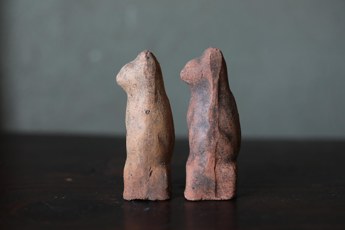 Japanese Antiques KITSUNE Dolls, Imado-yaki Pottery Pair (H3.7in)