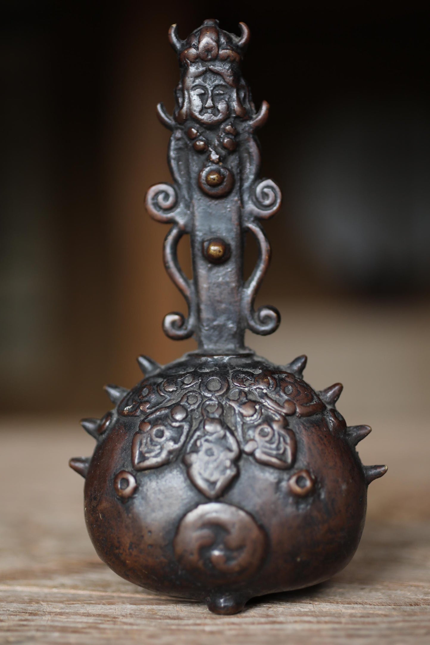 Antique Japanese Bronze Bell - 1800s Buddhist Sorcerer Handle | Tea Ceremony Doorbell