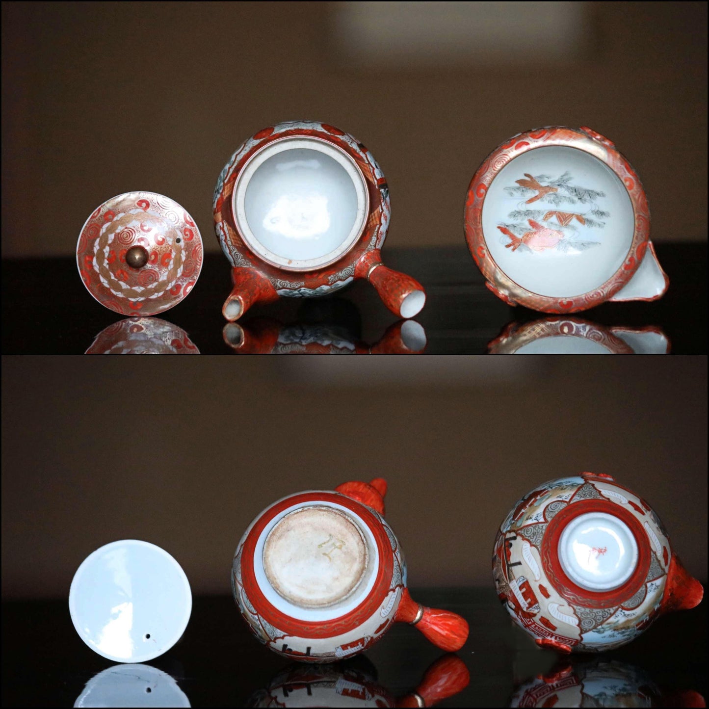 Kutani Tea Set - Vintage Japanese Ceramic Cups With Red Gold Tableware & Gold Ring Pot