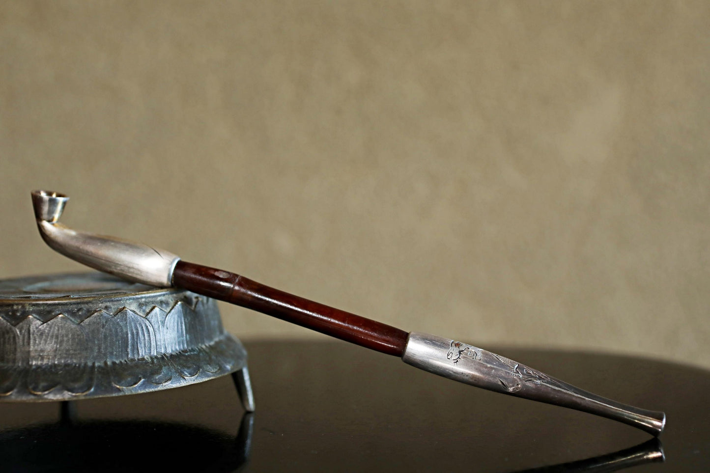 Antique Silver Pipe - 1910s Japanese Kiseru Tobacco Pipe with Carved Tiger & Bamboo