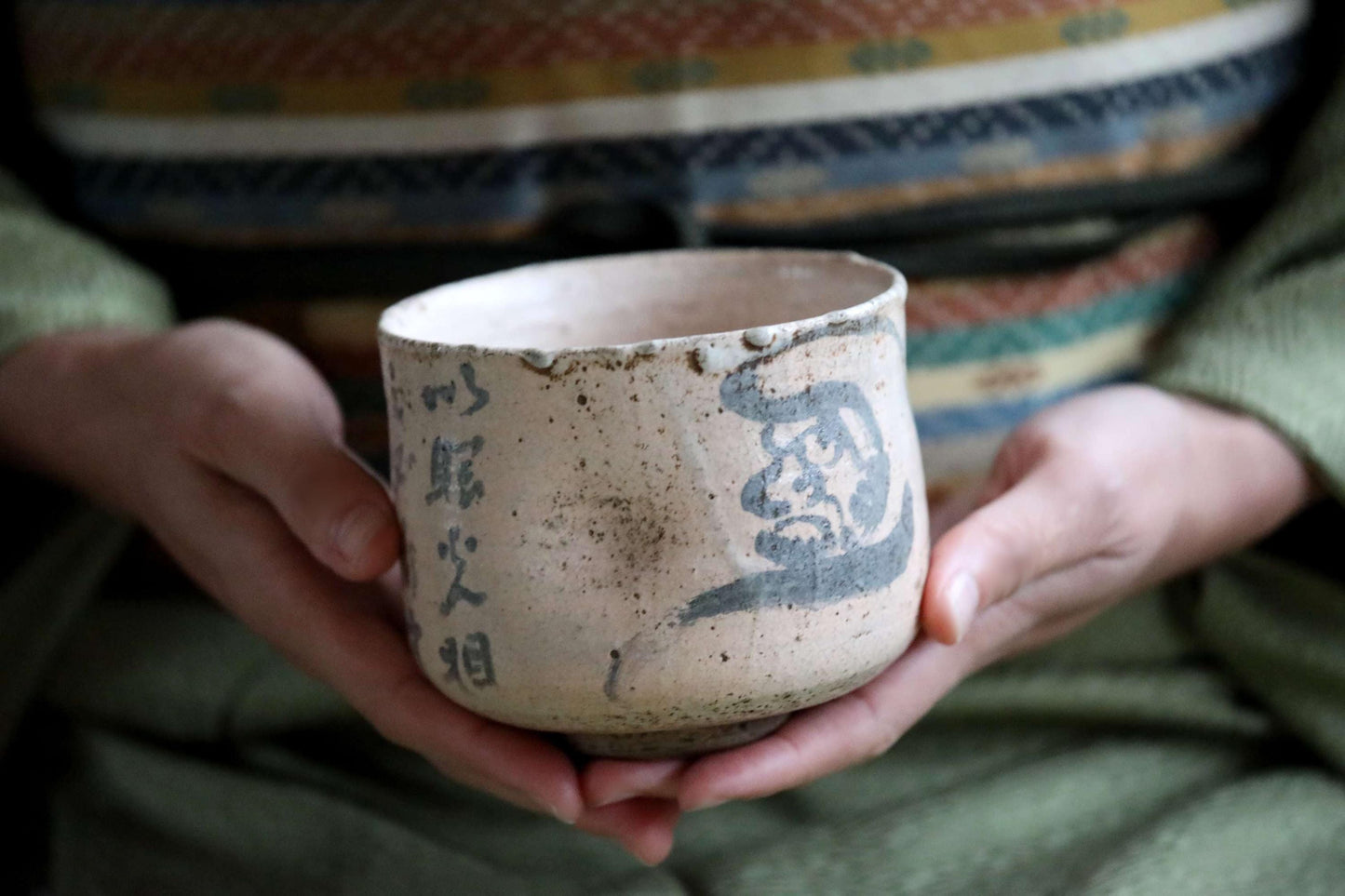 Shino Tea Bowl - Handmade Japanese Ceramic Chawan with Zen Master Daruma Art