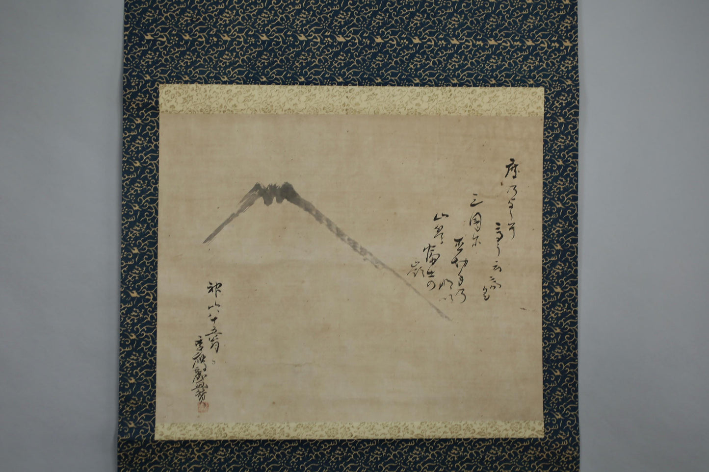 Antique Japanese Zen Scroll – Mt Fuji Ink Painting with Kanji Calligraphy & Bamboo Rollers
