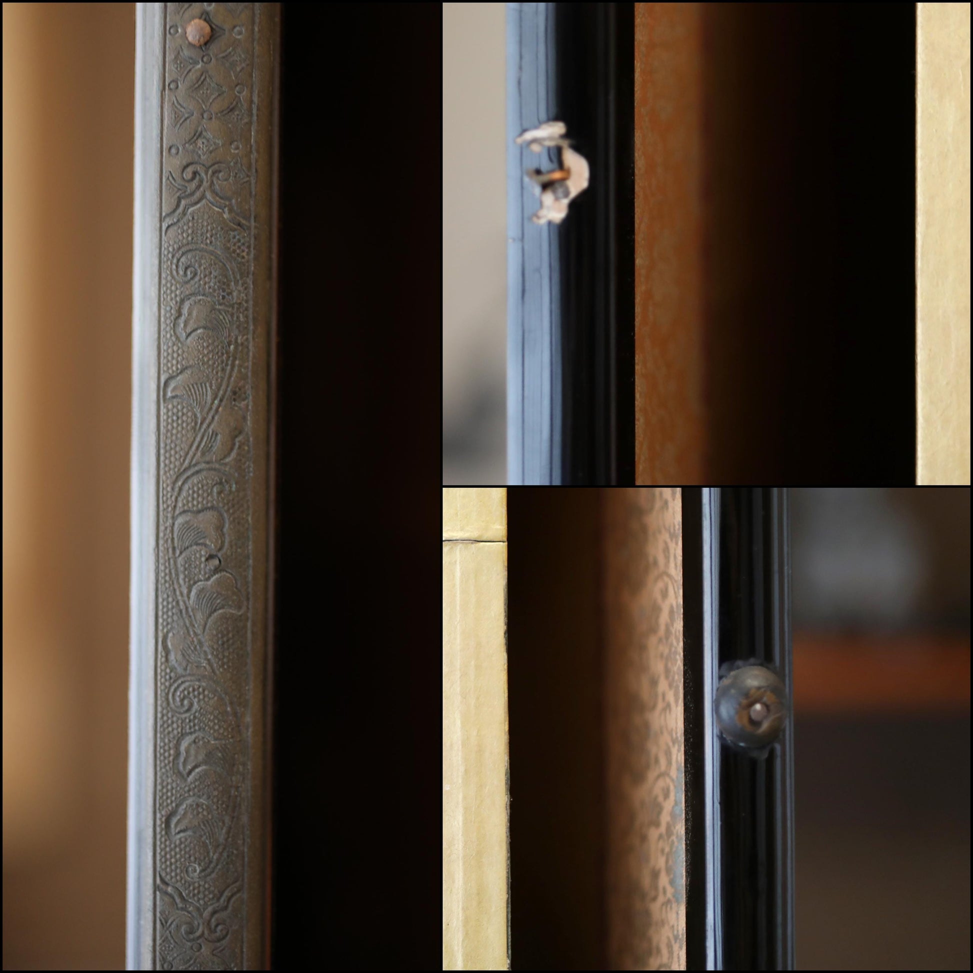 The image is a collage of four close-up photographs of metalwork, including a decorative metal railing, a rusted metal beam, and a wooden door frame.