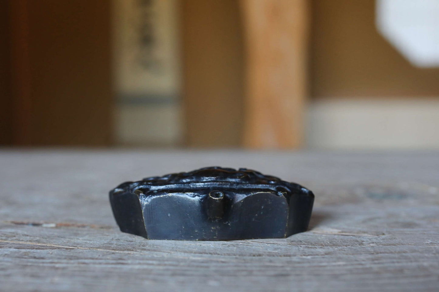 Antique Demon Water Dropper - Japanese Bronze Ink Container With Demon Face Motif