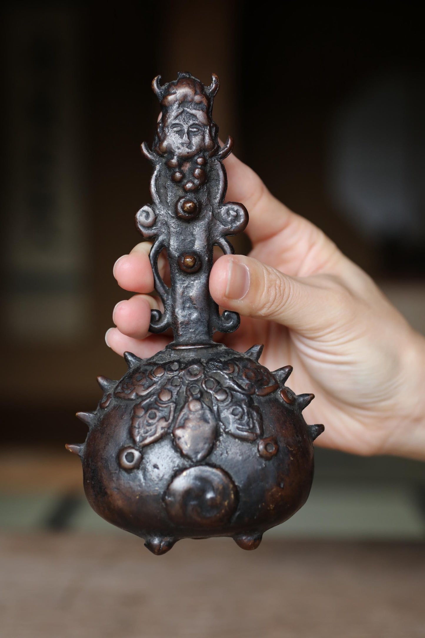 Antique Japanese Bronze Bell - 1800s Buddhist Sorcerer Handle | Tea Ceremony Doorbell