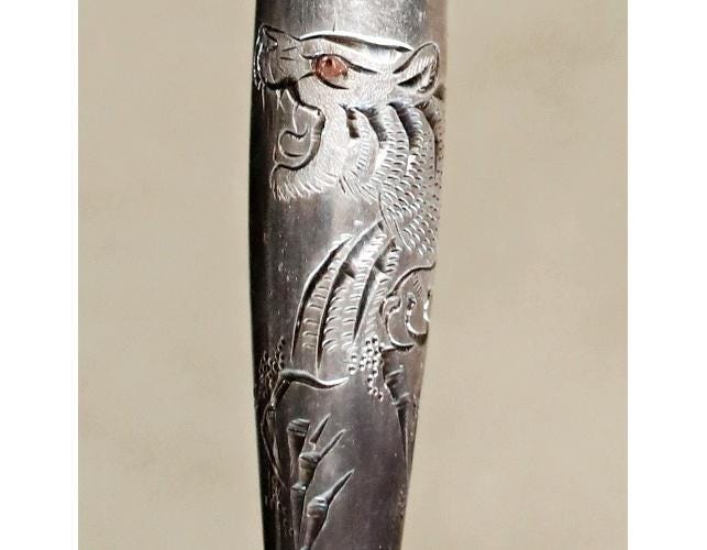 Antique Silver Pipe - 1910s Japanese Kiseru Tobacco Pipe with Carved Tiger & Bamboo