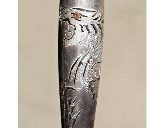 Antique Silver Pipe - 1910s Japanese Kiseru Tobacco Pipe with Carved Tiger & Bamboo