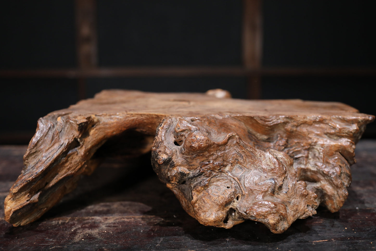 Wood Burl Display Stand - Japanese Antique Pedestal With Large Wood Slab Base