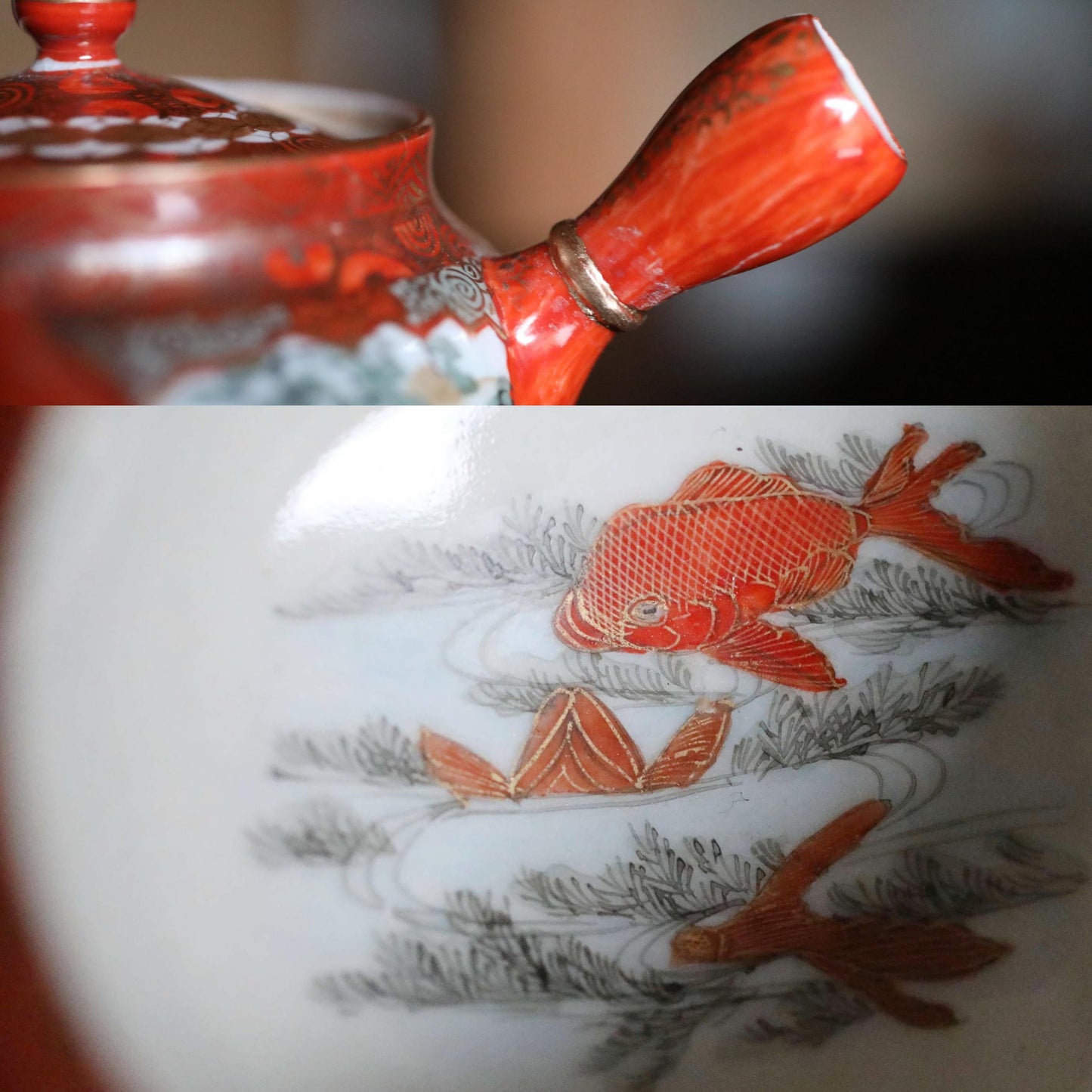Kutani Tea Set - Vintage Japanese Ceramic Cups With Red Gold Tableware & Gold Ring Pot