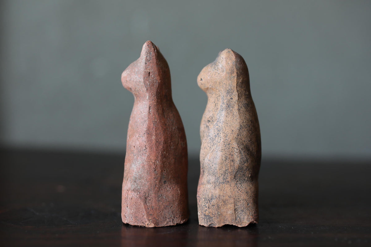 Japanese Antiques KITSUNE Dolls, Imado-yaki Pottery Pair (H3.7in)