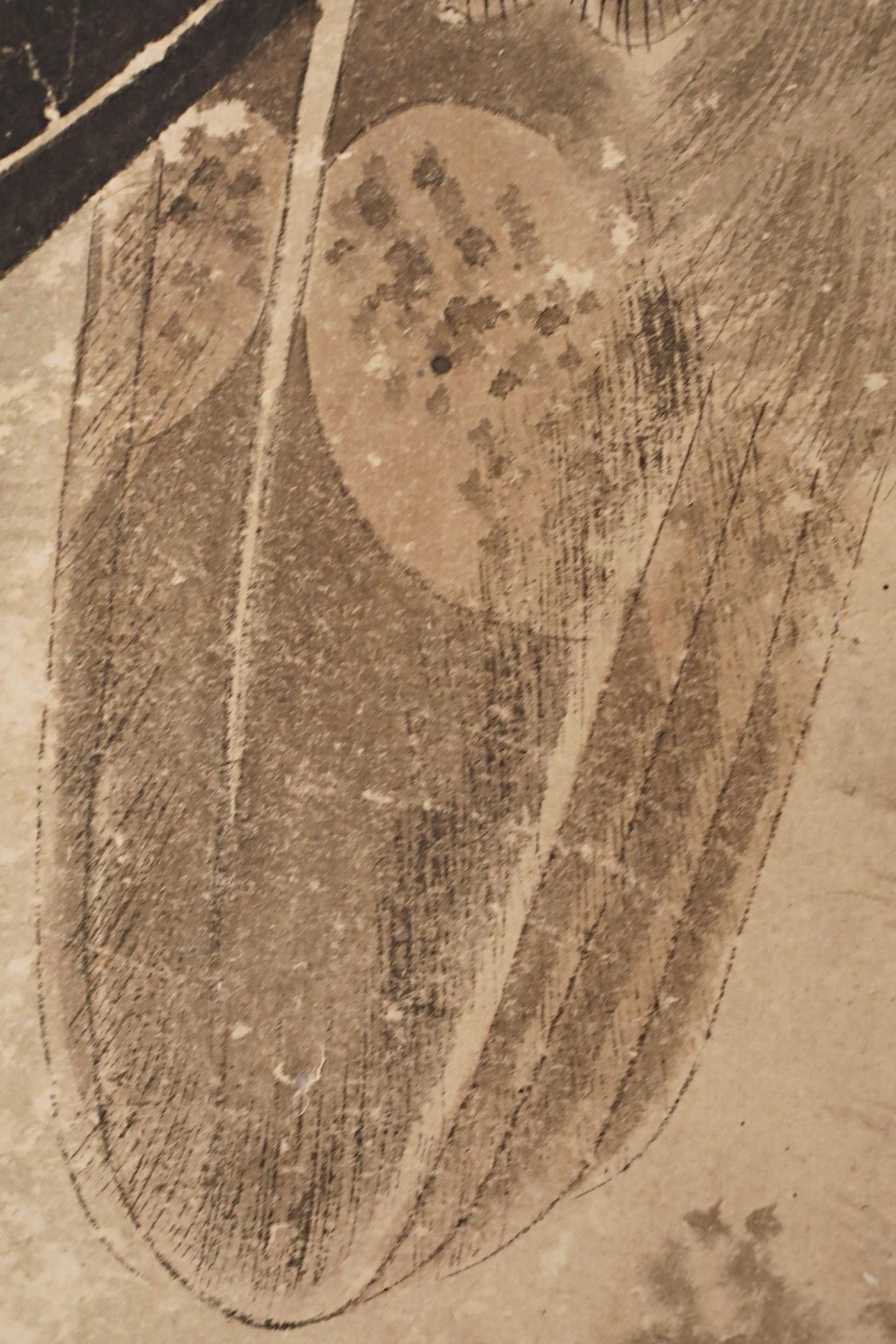 The image is a close-up of a leaf with intricate patterns and textures, including a large circular shape and smaller leaf-like shapes.