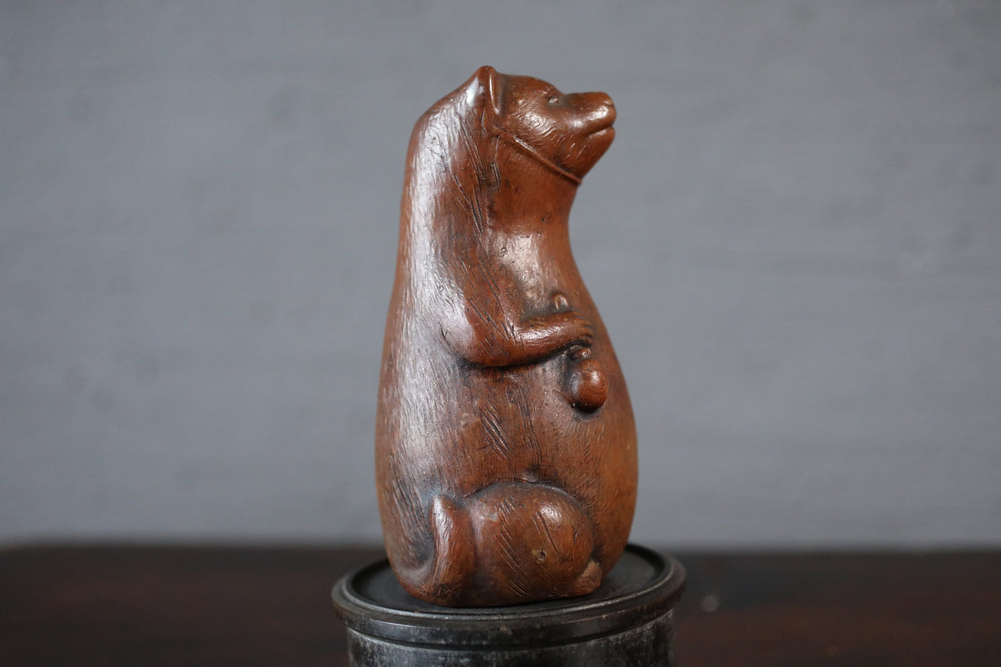 Bizen Ware Sake Bottle - Antique Japanese Pottery Tokkuri with Raccoon Dog Ornament
