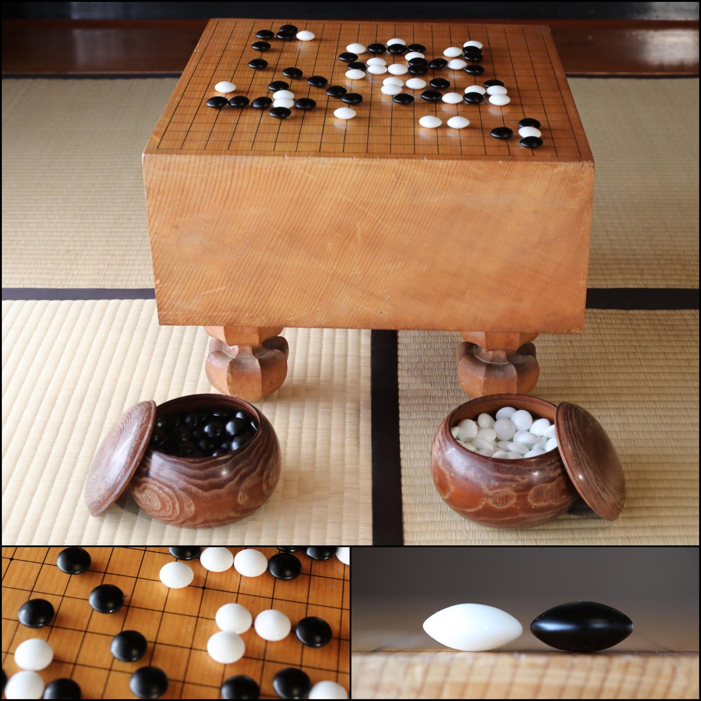 Japanese Go Game Table - Solid Wood Goban with Thick Stone Set & Architectural Board