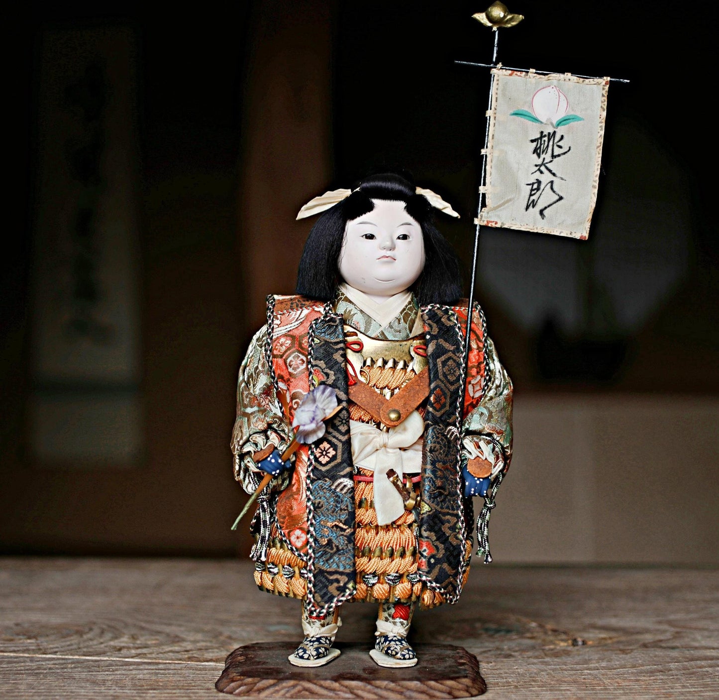 Vintage Kabuki Doll - 1960s Momotaro Wooden Doll With Silk Kimono Gift Box