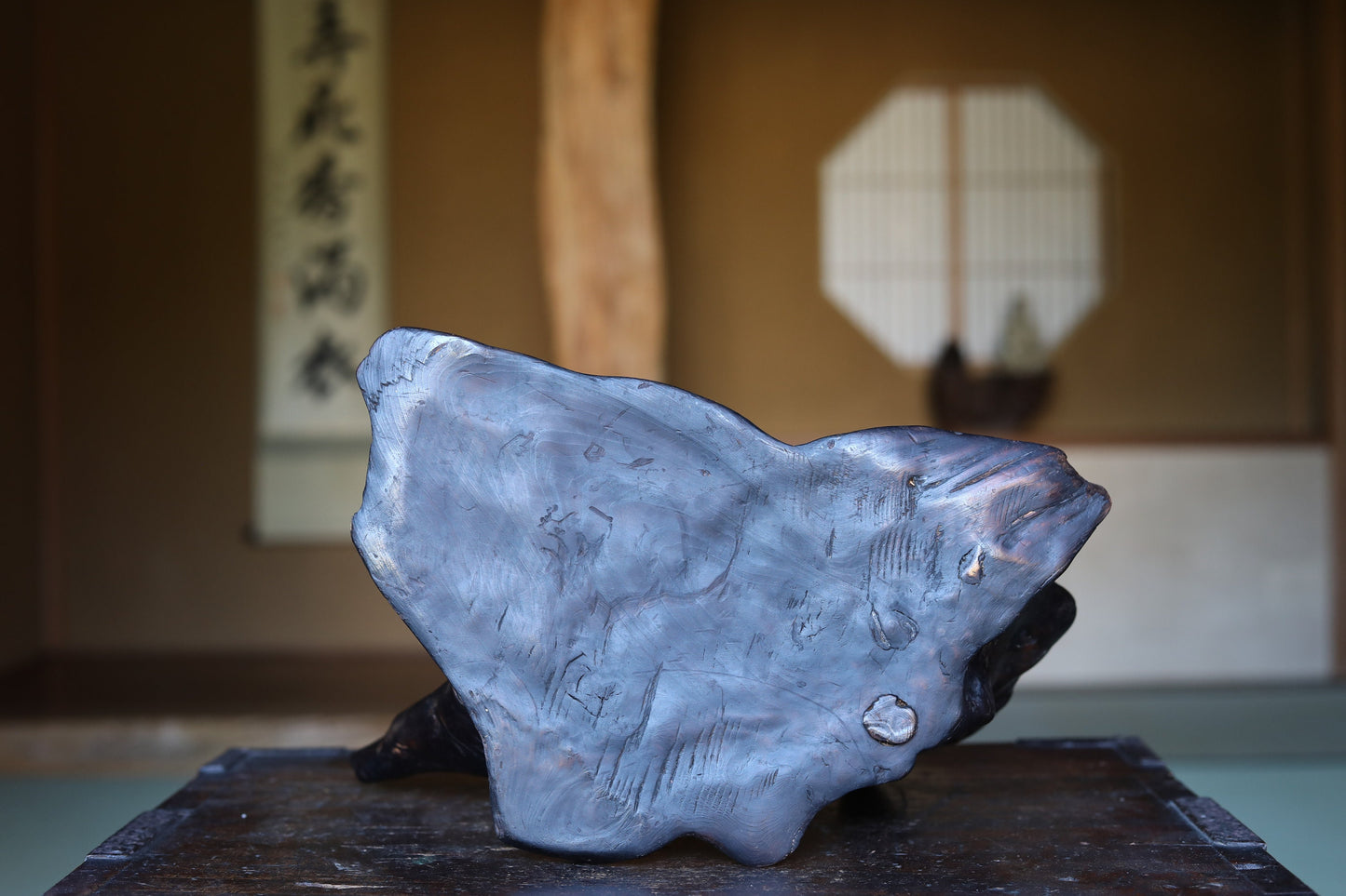 Japanese Bronze Bird Sculpture – Antique Bronze Onaga Birds on Natural Wood Burl Base