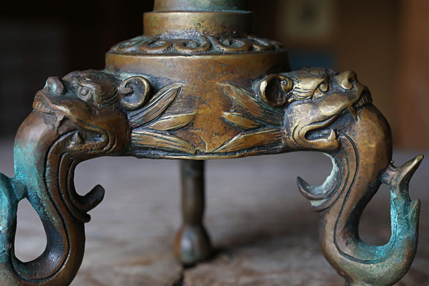 Antique Brass Candlestick Pair - Japanese Dragon Lotus Design With Lion Head Base