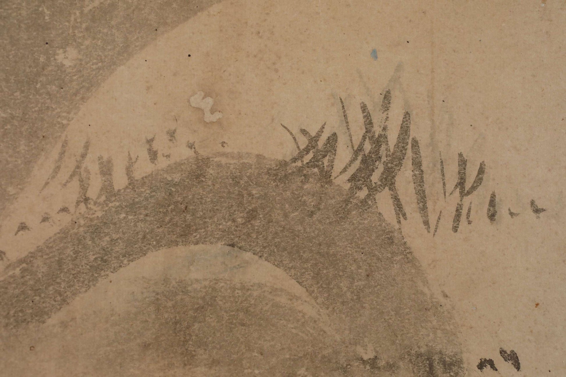a close-up view of a textured surface with a few distinct lines and shapes, including a curved line and some darker, more abstract shapes.