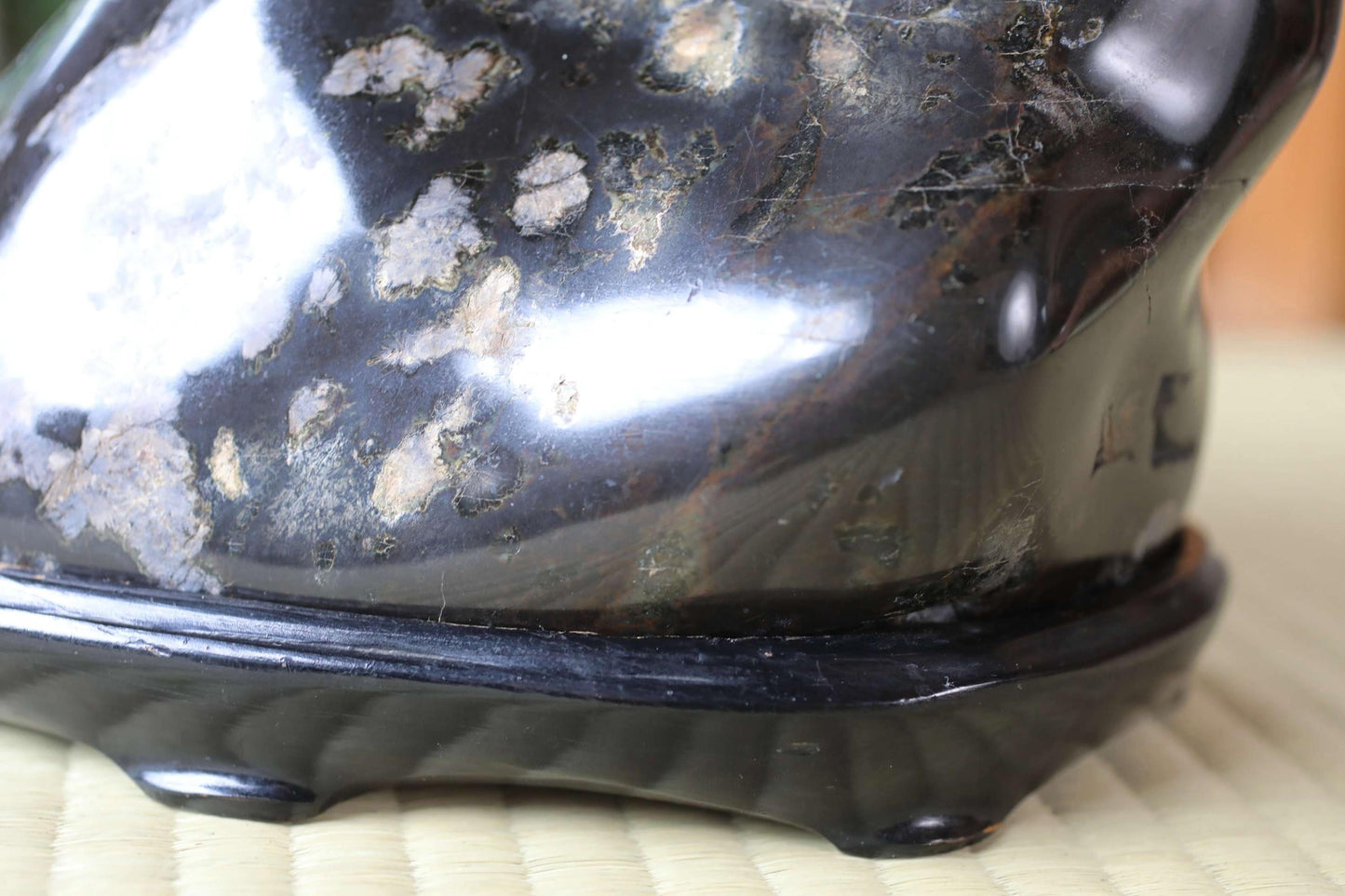 a close-up view of a black, textured surface with a dark, shiny appearance.