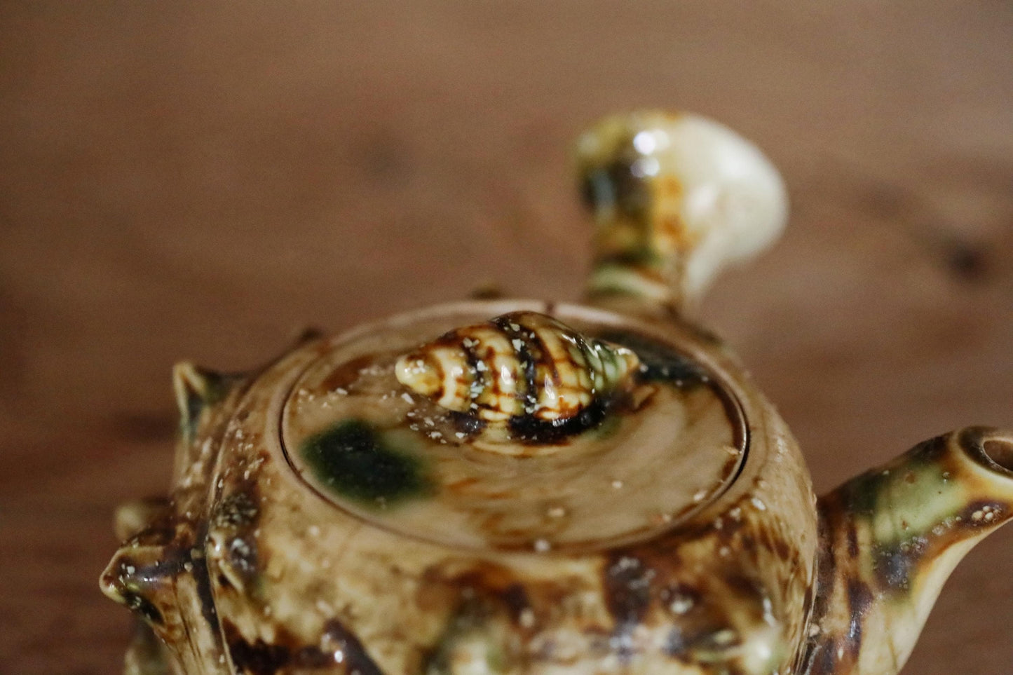 Vintage Ceramic Teapot - Japanese Sencha Tea Pot with Turban Shell Design & Green Oribe Glaze