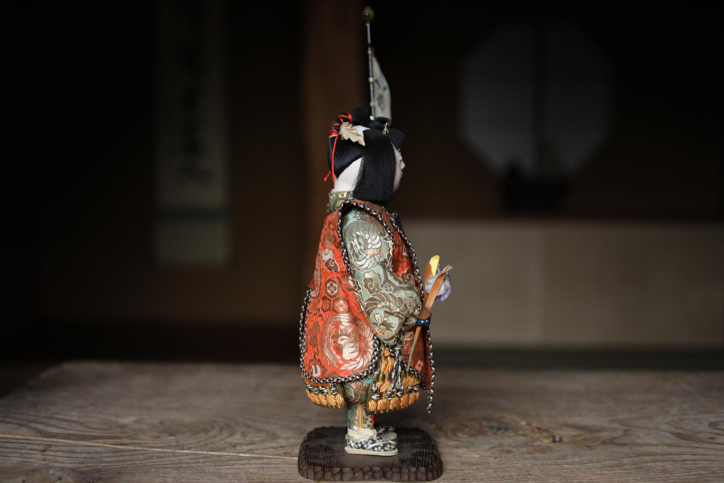 Vintage Kabuki Doll - 1960s Momotaro Wooden Doll With Silk Kimono Gift Box