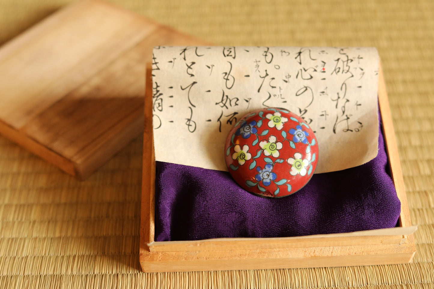 Antique Cloisonne Bead – Japanese Ojime Bead With Red Floral Motif & Silver Fittings