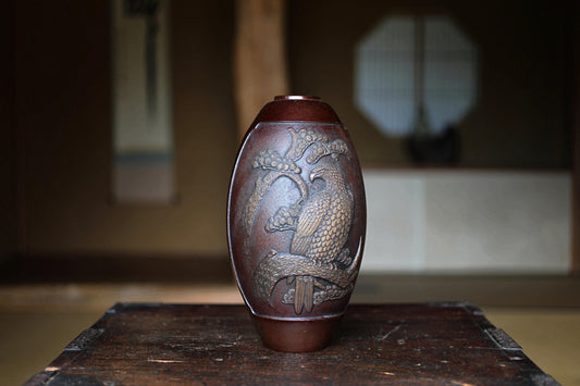 Vintage Bronze Vase - Japanese Bronze Art with Eagle & Pine Tree Relief, Takaoka Lost Wax