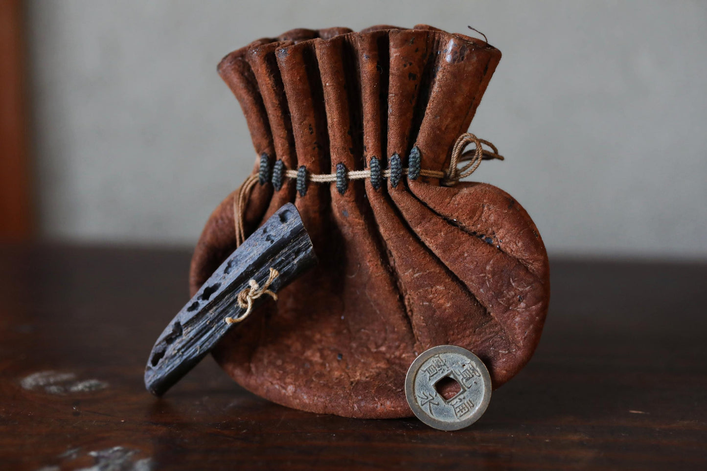 Japanese Leather Coin Pouch | Vintage Edo Era Cigarette Case with Indigo Thread