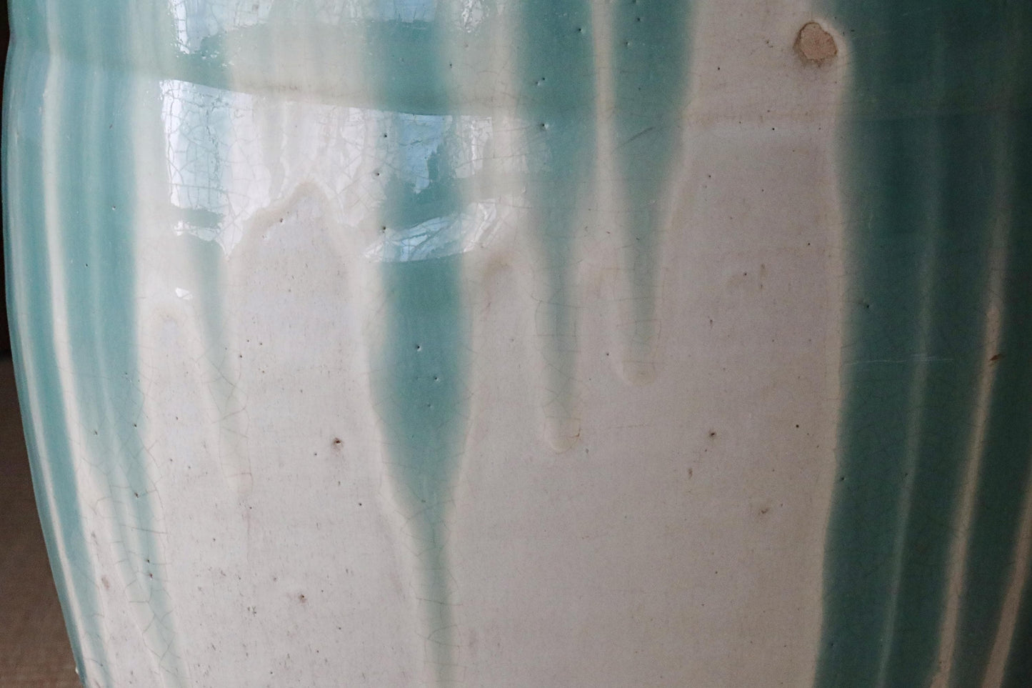 Antique Shigaraki Jar – Large Japanese Pottery Vase with Blue Green Waterfall Glaze
