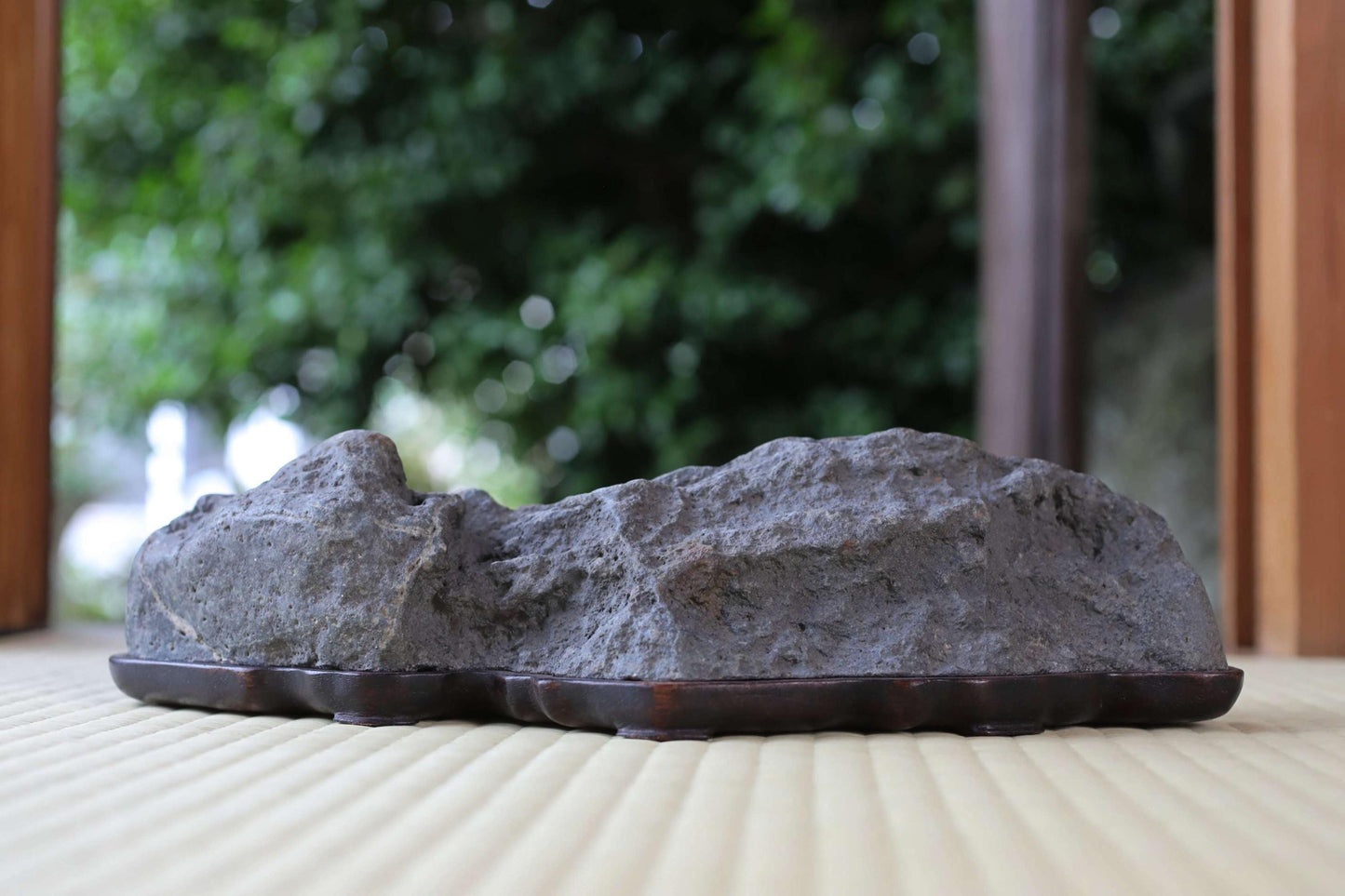 A large gray rock sits on a wooden base, surrounded by a blurred natural background.