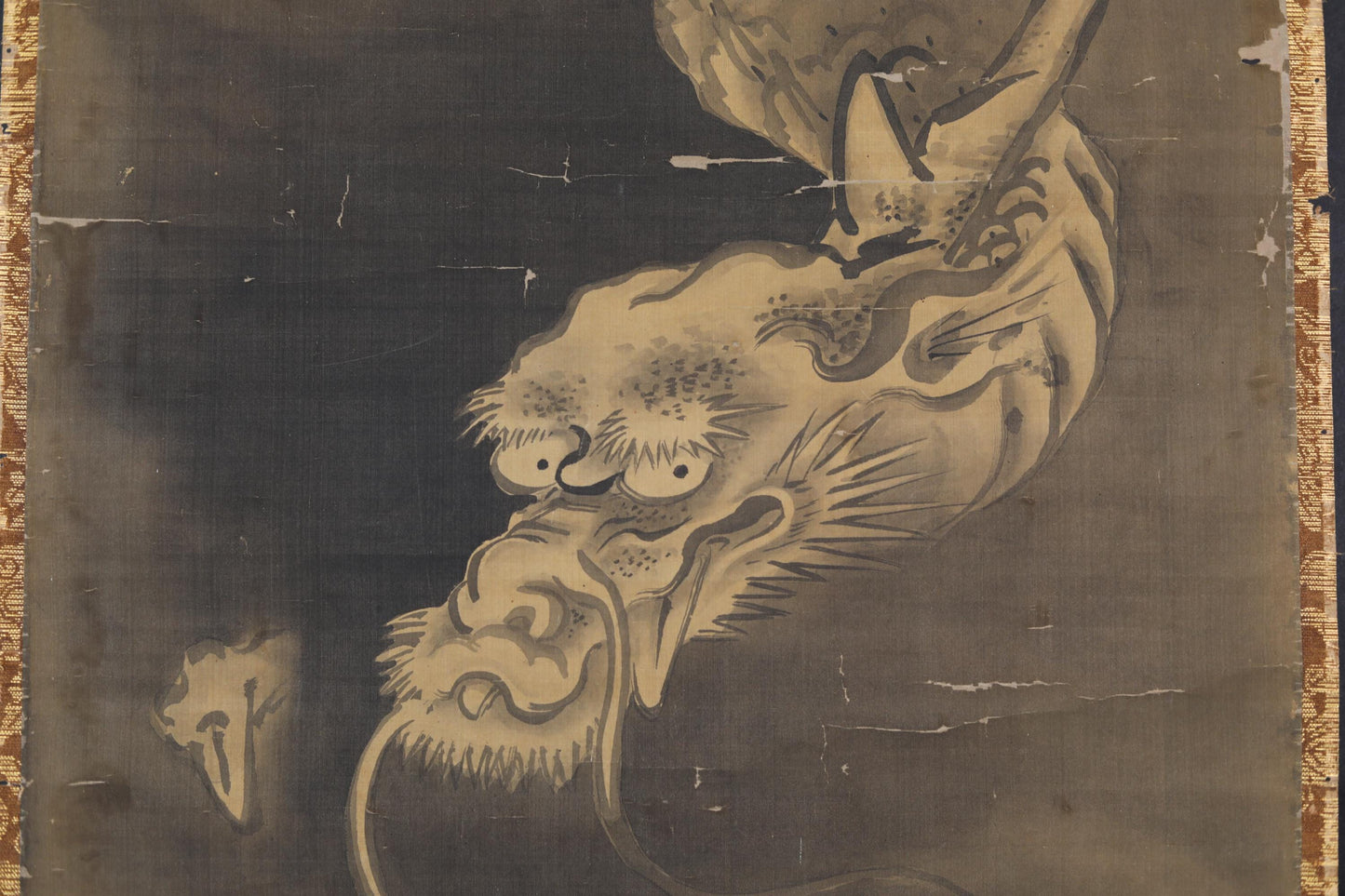Antique Japanese Dragon Scroll – Edo Period Art | Rising Dragon Painting on Silk Brocade
