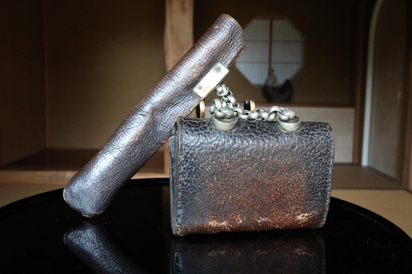 Japanese Antique Kiseru Pipe - Rare Edo Period Brass & Silver Tobacco Pipe With Dragon Engraved Leather Case
