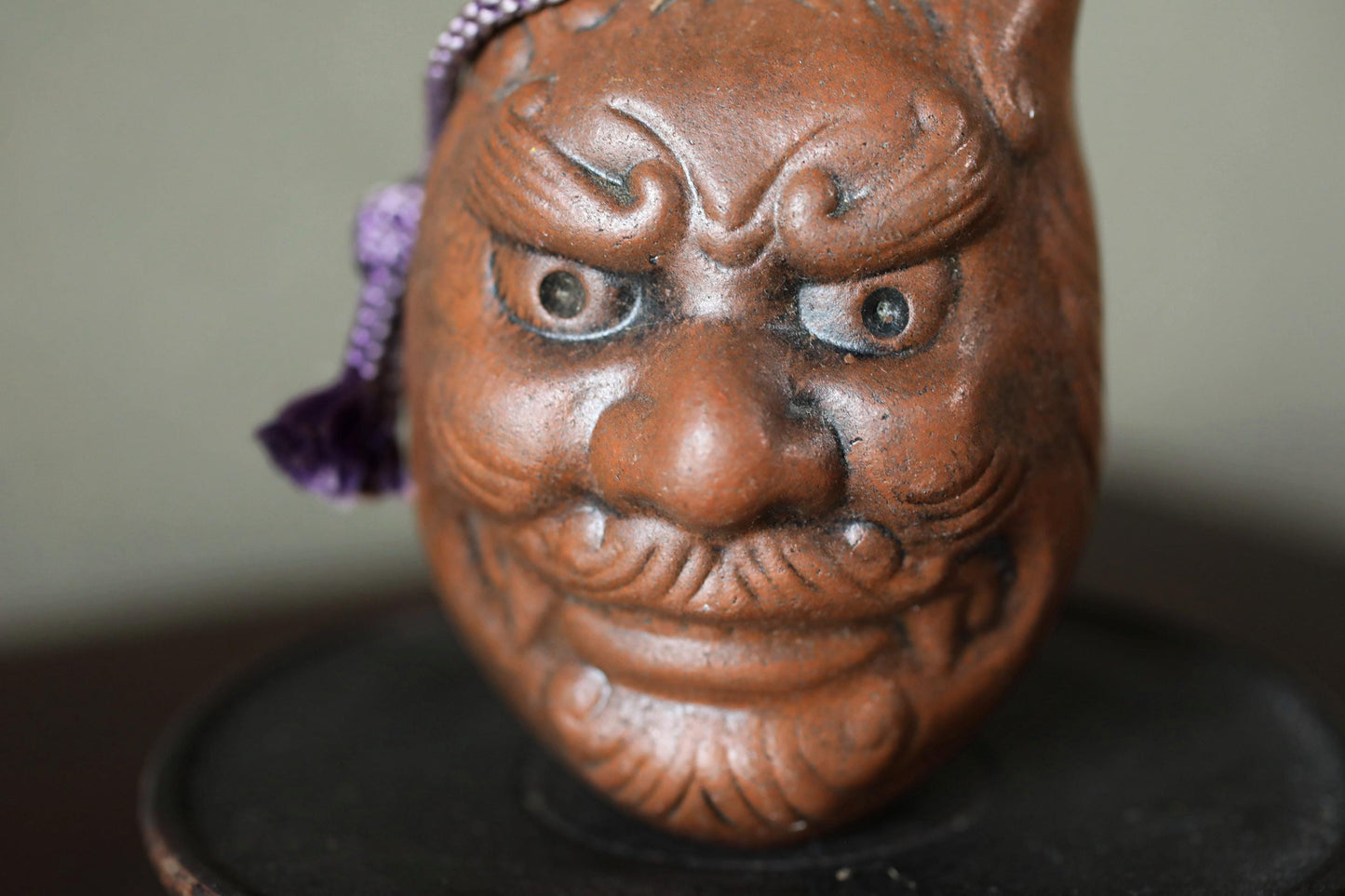 Japanese Pottery Bell - Vintage Oni Demon & Okame Mask Doll Ornament