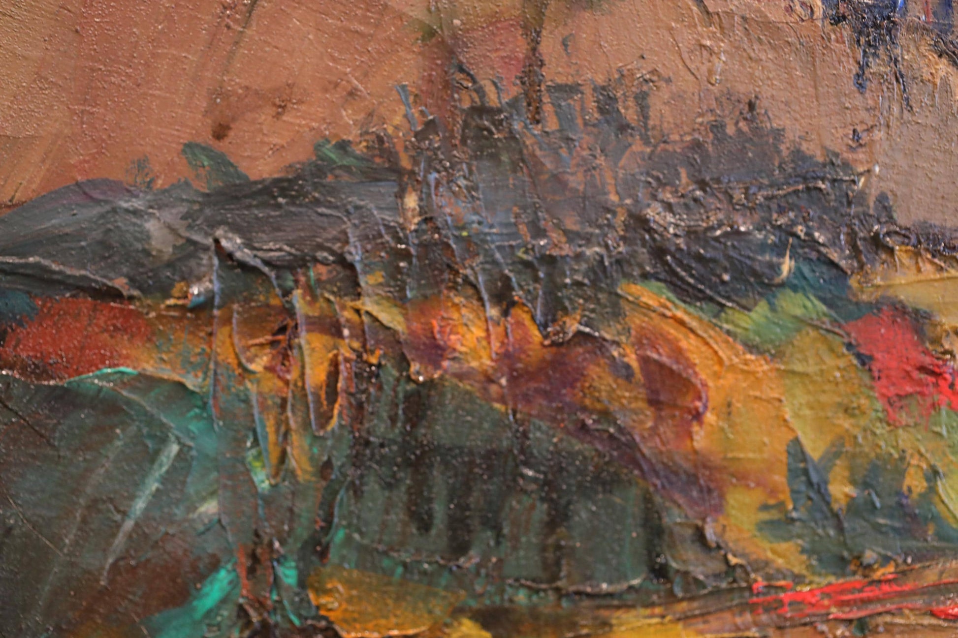 The image is an abstract painting with a mix of colors and textures, including red, orange, yellow, green, blue, and brown. The painting appears to be a collage of multiple images, with a sense of depth and complexity.