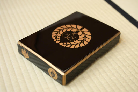 Japanese Lacquer Box - Black Urushi Maki-e Samurai Crest Gold Wisteria Design